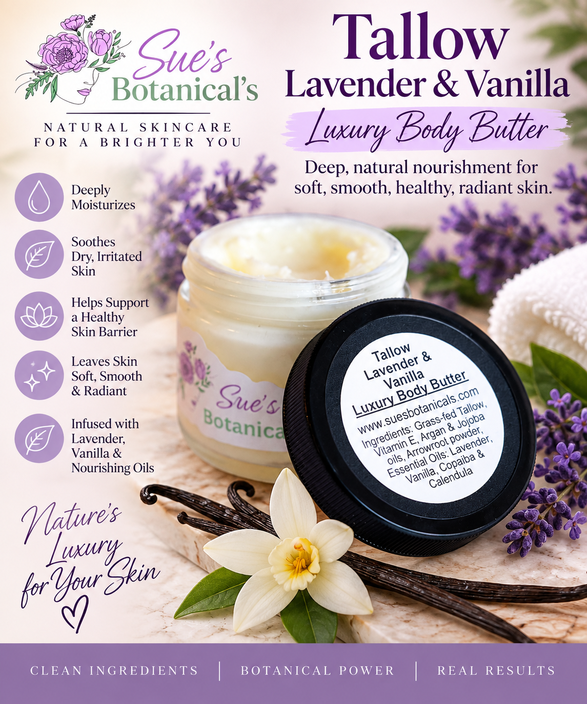 Tallow Lavender and Vanilla Luxury Body Butter 

All Natural skincare, extra hydration, organic skincare , moisturizer, Natural skincare, skin hydration, helps rosacea, helps acne, reduces wrinkles, reduces fine lines, organic skincare, Beef Tallow Skincare