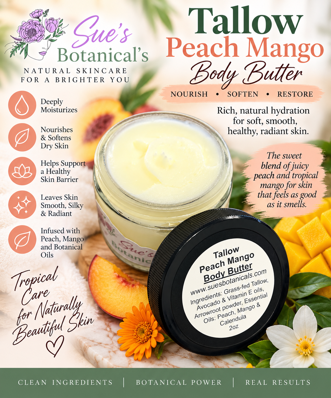 Tallow Peach Mango Body Butter

All Natural tallow skincare, extra hydration, organic skincare , moisturizer, All Natural skincare, skin hydration, helps rosacea, helps acne, helps psoriasis, reduces wrinkles, reduces fine lines, organic skincare, Beef Tallow Skincare