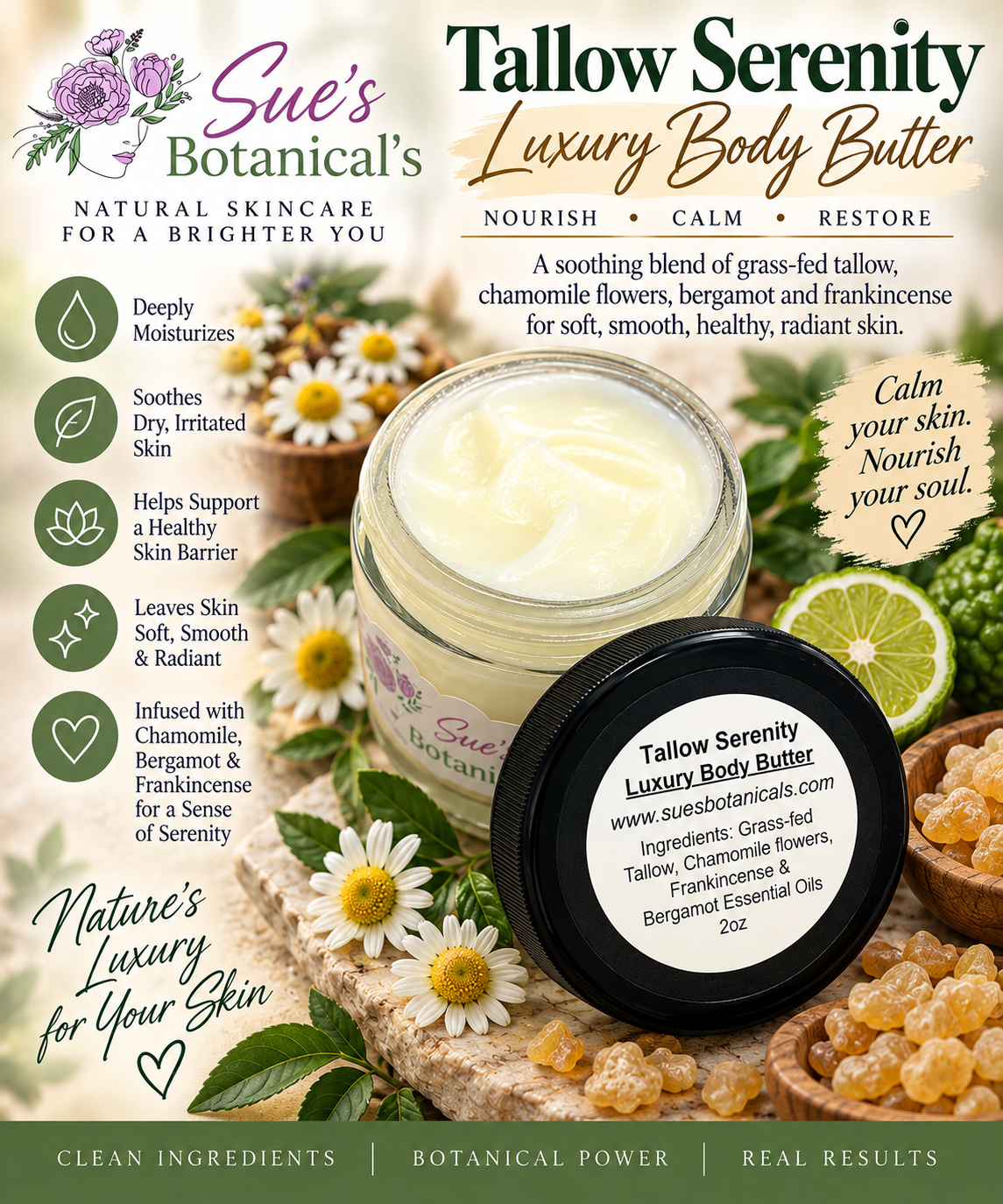 Tallow Serenity Luxury Body butter

All Natural skincare, extra hydration, organic skincare , moisturizer, All Natural Tallow skincare, skin hydration, helps rosacea, helps acne, reduces wrinkles, reduces fine lines, organic skincare, Beef Tallow Skincare