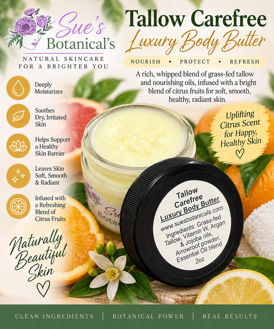 Tallow Carefree Luxury Body Butter

All Natural skincare, extra hydration, organic skincare , moisturizer, Natural skincare, skin hydration, helps rosacea, helps acne, reduces wrinkles, reduces fine lines, Beef Tallow Skincare
