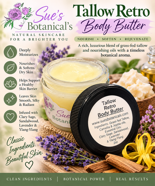 Tallow Retro Body Butter

All Natural skincare, extra hydration, organic skincare , moisturizer, Natural skincare, skin hydration, helps rosacea, helps acne, reduces wrinkles, reduces fine lines, Beef Tallow Skincare