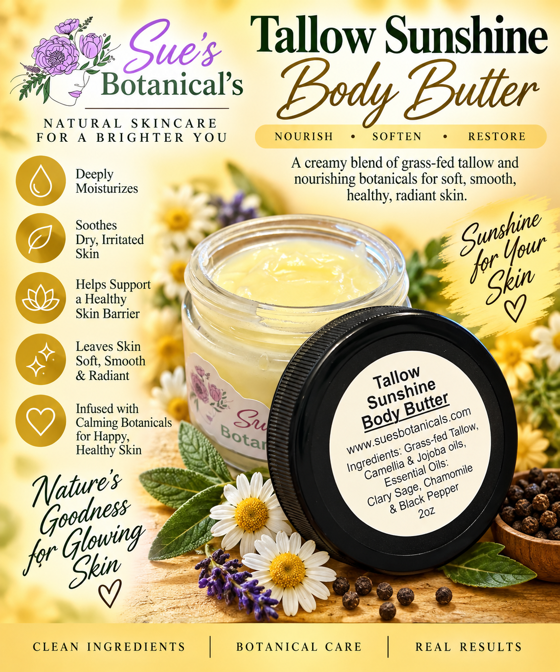 Tallow Sunshine Body Butter

All Natural skincare, extra hydration, organic skincare , moisturizer, Natural skincare, skin hydration, helps rosacea, helps acne, reduces wrinkles, reduces fine lines, Beef Tallow Skincare