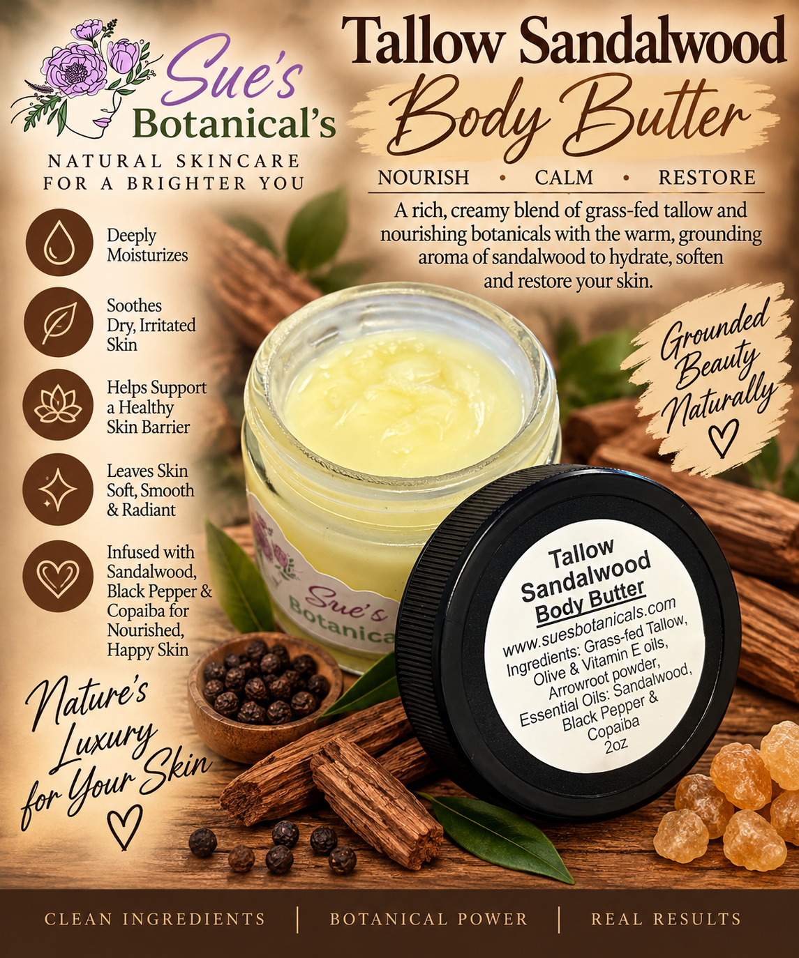 Tallow Sandalwood Body Butter

All Natural tallow skincare, extra hydration, organic skincare , moisturizer, All Natural skincare, skin hydration, helps acne, reduces wrinkles, reduces fine lines, helps psoriasis, organic skincare, Beef Tallow Skincare