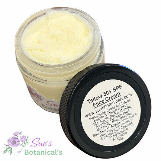 Tallow 50+ SPF Face Cream 2oz

All Natural tallow skincare, helps acne, helps eczema, helps psoriasis, helps wrinkles, hydrates skin, organic skincare, beef tallow skincare , protection against the sun