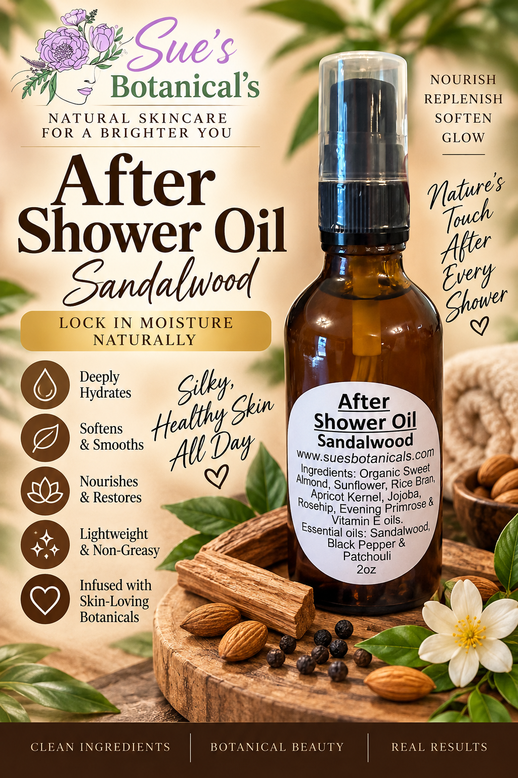 After shower oil sandalwood 

All Natural tallow skincare, extra hydration, organic skincare , moisturizer, All Natural skincare, skin hydration, helps acne, reduces wrinkles, reduces fine lines, helps psoriasis, organic skincare, Beef Tallow Skincare