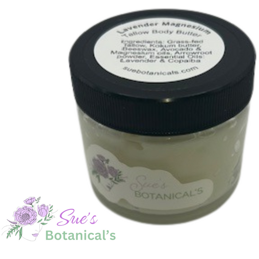 Lavender Magnesium Tallow Body Butter
Helps with restlessness, anxiety, sore muscles, migraines 

Natural skincare, skin hydration, helps acne, reduces wrinkles, reduces fine lines, organic skincare, Beef Tallow Skincare, natural skincare 