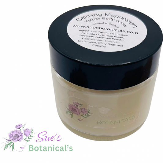 Calming Magnesium Tallow Body Butter
Helps with restlessness, anxiety, sore muscles, migraines 

All Natural skincare, skin hydration, helps acne, reduces wrinkles, reduces fine lines, organic skincare, Beef Tallow Skincare. All Natural skincare 
