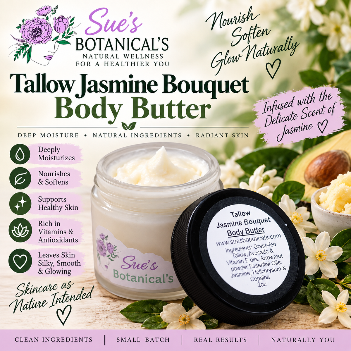 Tallow Jasmine Body Butter

All Natural skincare, helps acne, helps eczema, help psoriasis, helps wrinkles, hydrates skin, organic skincare, beef tallow skincare 