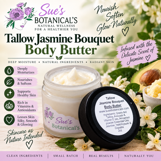 Tallow Jasmine Body Butter

All Natural skincare, helps acne, helps eczema, help psoriasis, helps wrinkles, hydrates skin, organic skincare, beef tallow skincare 