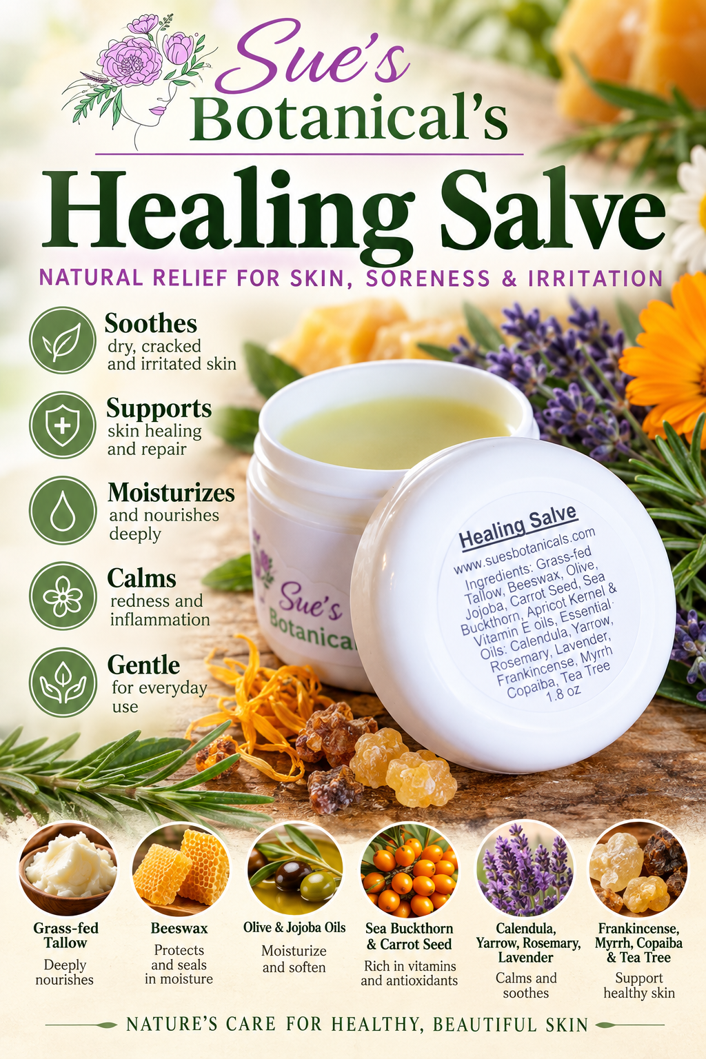 Tallow Healing Salve

All Natural skincare, extra hydration, organic skincare , moisturizer, All Natural Tallow skincare, skin hydration, helps rosacea, helps acne, reduces wrinkles, helps psoriasis, reduces fine lines, organic skincare, Beef Tallow Skincare