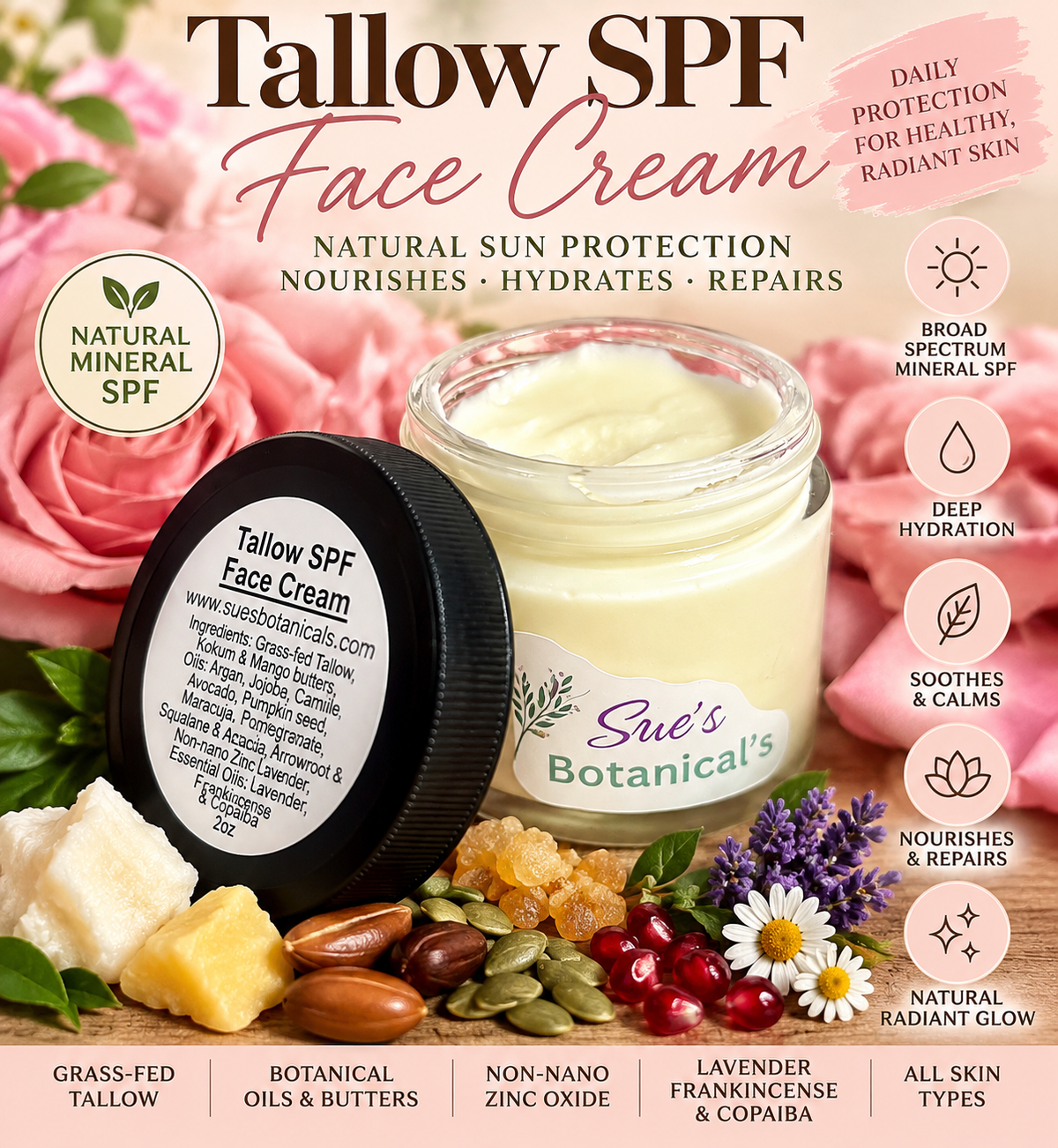 Tallow SPF Face Cream 2oz

All Natural tallow skincare, helps acne, helps eczema, helps psoriasis, helps wrinkles, hydrates skin, organic skincare, beef tallow skincare , protection against the sun