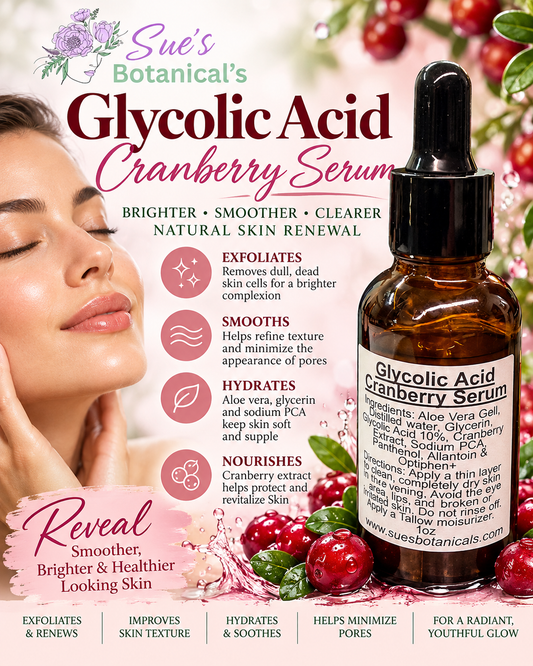Glycolic Acid Cranberry Serum

All Natural tallow skincare, helps acne, helps eczema, helps psoriasis, helps wrinkles, hydrates skin, organic skincare, beef tallow skincare , protection against the sun