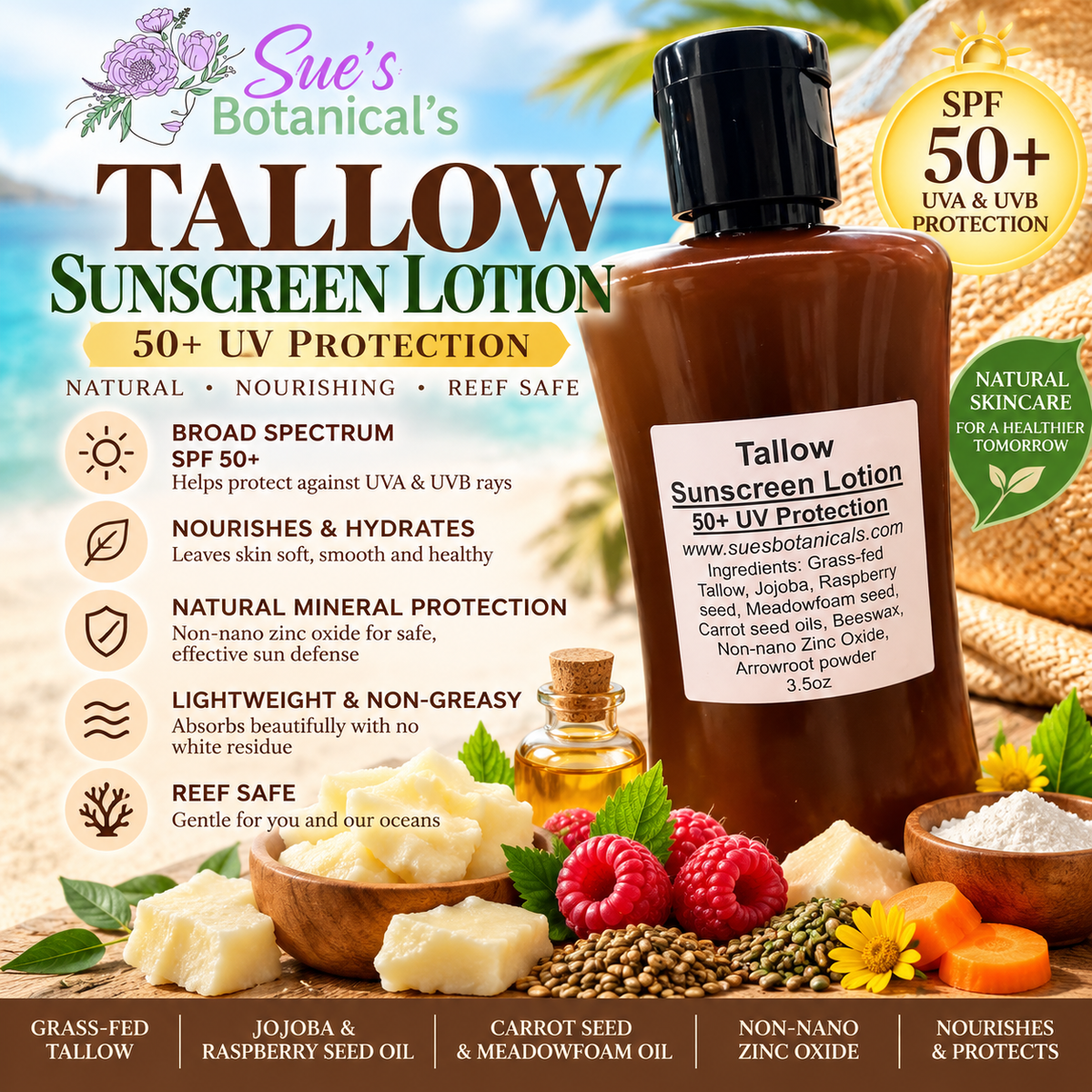 Tallow Sunscreen lotion

All Natural tallow skincare, helps acne, helps eczema, helps psoriasis, helps wrinkles, hydrates skin, organic skincare, beef tallow skincare , protection against the sun
