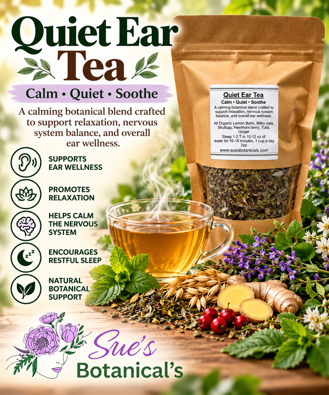 Quiet Ear tea Blend

All Natural skincare, extra hydration, organic skincare , moisturizer, Natural skincare, skin hydration, helps rosacea, helps acne, reduces wrinkles, reduces fine lines, organic skincare, Organic Beef Tallow Skincare