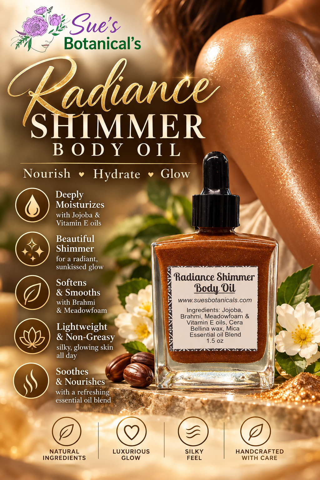 Radiance shimmering body oil

All Natural skincare, extra hydration, organic skincare , moisturizer, All Natural skincare, skin hydration, helps rosacea, helps acne, reduces wrinkles, helps psoriasis, reduces fine lines, organic skincare, Beef Tallow Skincare