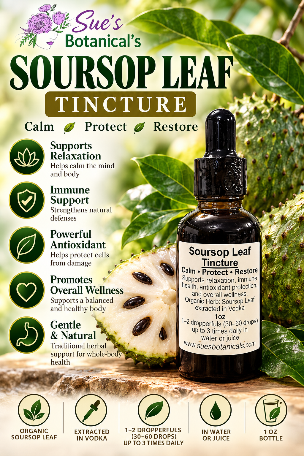 Soursop leaf tincture 

All Natural skincare, extra hydration, organic skincare , moisturizer, All Natural skincare, skin hydration, helps rosacea, helps acne, reduces wrinkles, helps psoriasis, reduces fine lines, organic skincare, Beef Tallow Skincare