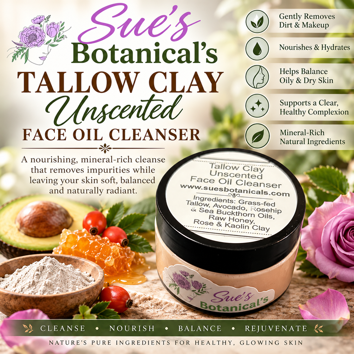 Tallow Unscented Facial Oil Cleanser 

All Natural skincare, extra hydration, organic skincare , moisturizer, Natural skincare, skin hydration, helps rosacea, helps acne, reduces wrinkles, reduces fine lines, organic skincare, Beef Tallow Skincare 
Natural skincare, skin hydration, helps acne, reduces wrinkles, reduces fine lines, organic skincare, Beef Tallow Skincare