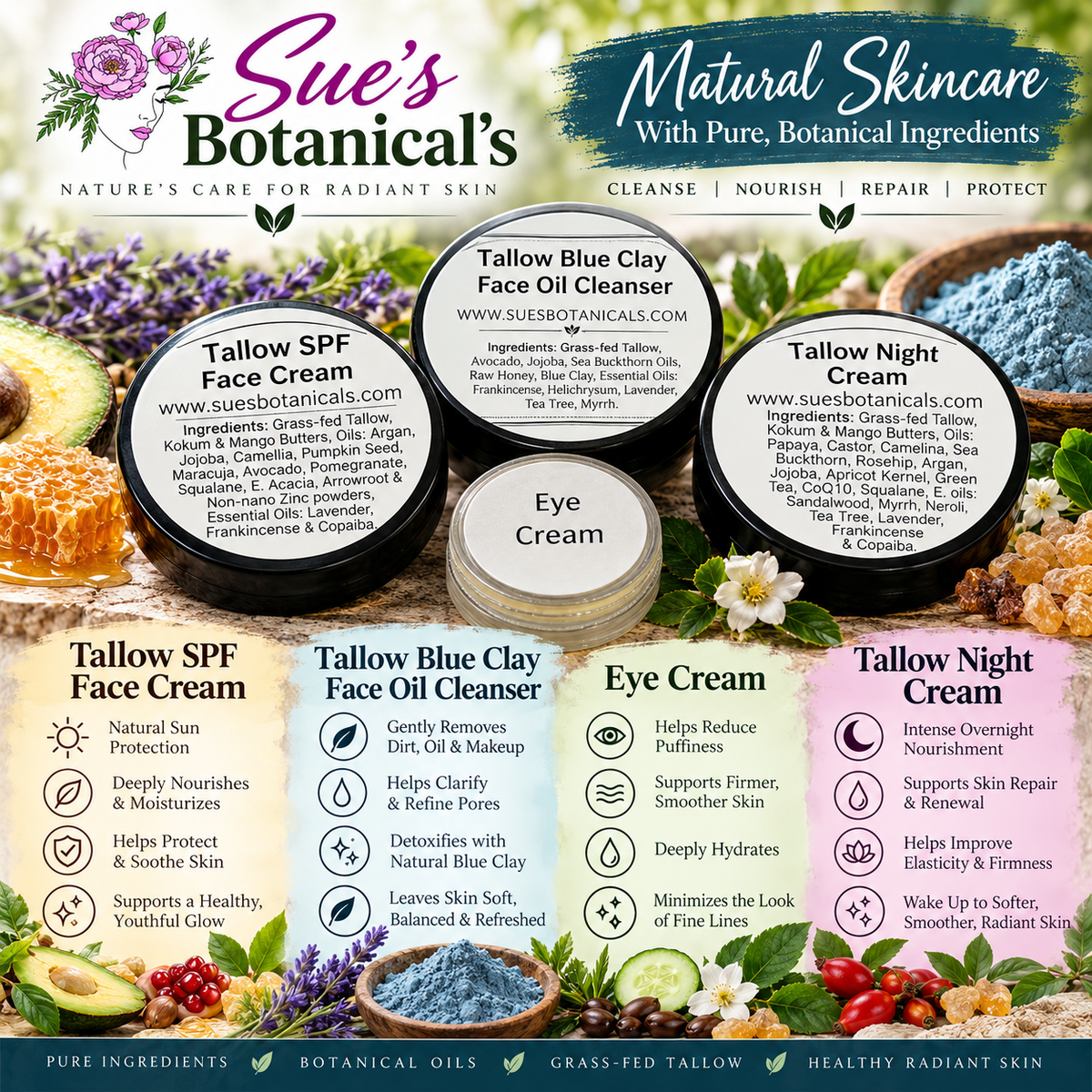 4 piece travel set blue clay 

All Natural skincare, extra hydration, organic skincare , moisturizer, Natural skincare, skin hydration, helps rosacea, helps acne, reduces wrinkles, reduces fine lines, organic skincare, Beef Tallow Skincare