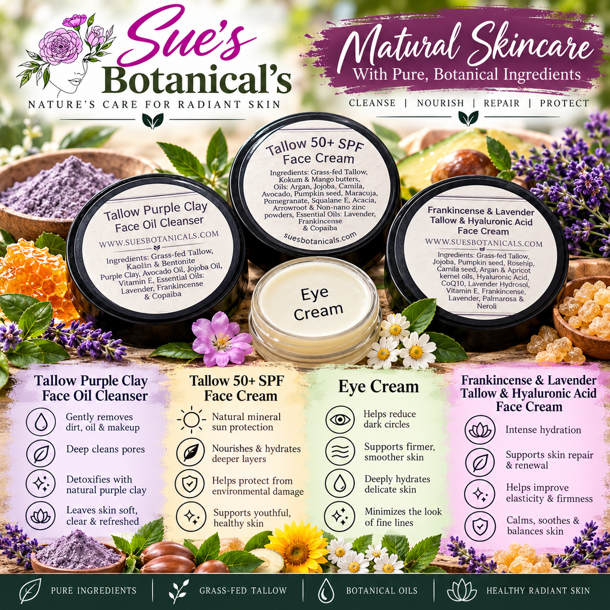 Tallow Frankincense and lavender Hyaluronic acid 4 piece travel set purple 

All Natural skincare, extra hydration, organic skincare , moisturizer, Natural skincare, skin hydration, helps rosacea, helps acne, reduces wrinkles, reduces fine lines, organic skincare, Beef Tallow Skincare