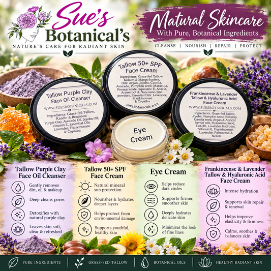 Tallow Frankincense and lavender Hyaluronic acid 4 piece travel set purple 

All Natural skincare, extra hydration, organic skincare , moisturizer, Natural skincare, skin hydration, helps rosacea, helps acne, reduces wrinkles, reduces fine lines, organic skincare, Beef Tallow Skincare