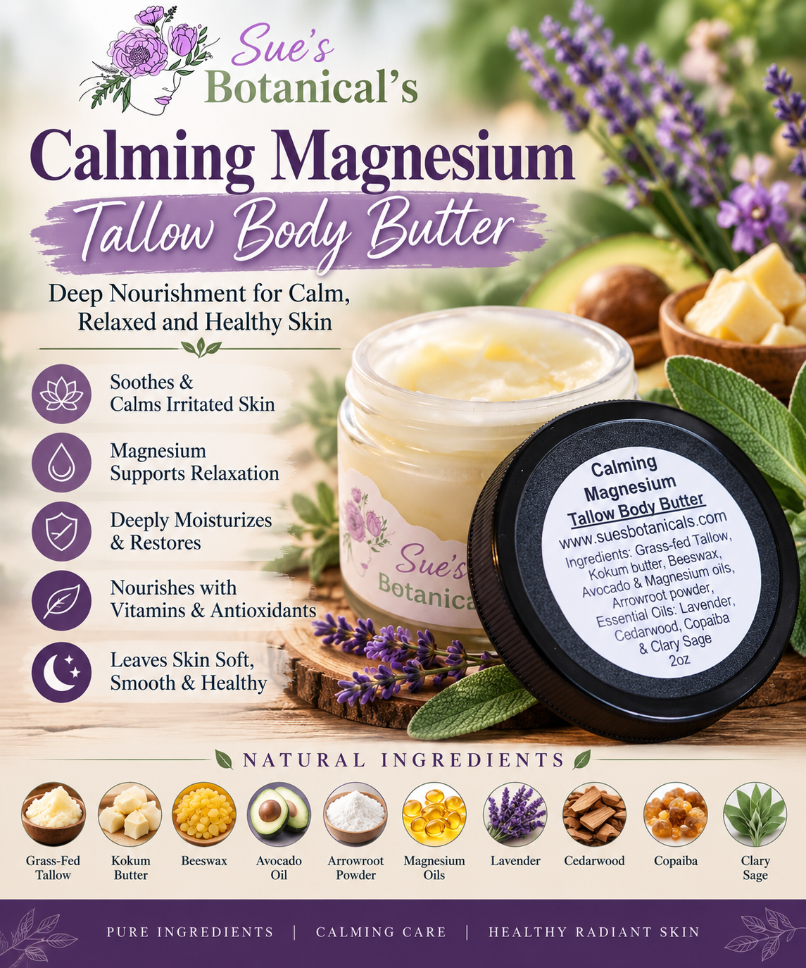 Calming Magnesium Tallow Body Butter
Helps with restlessness, anxiety, sore muscles, migraines 

All Natural skincare, skin hydration, helps acne, reduces wrinkles, reduces fine lines, organic skincare, Beef Tallow Skincare. All Natural skincare 