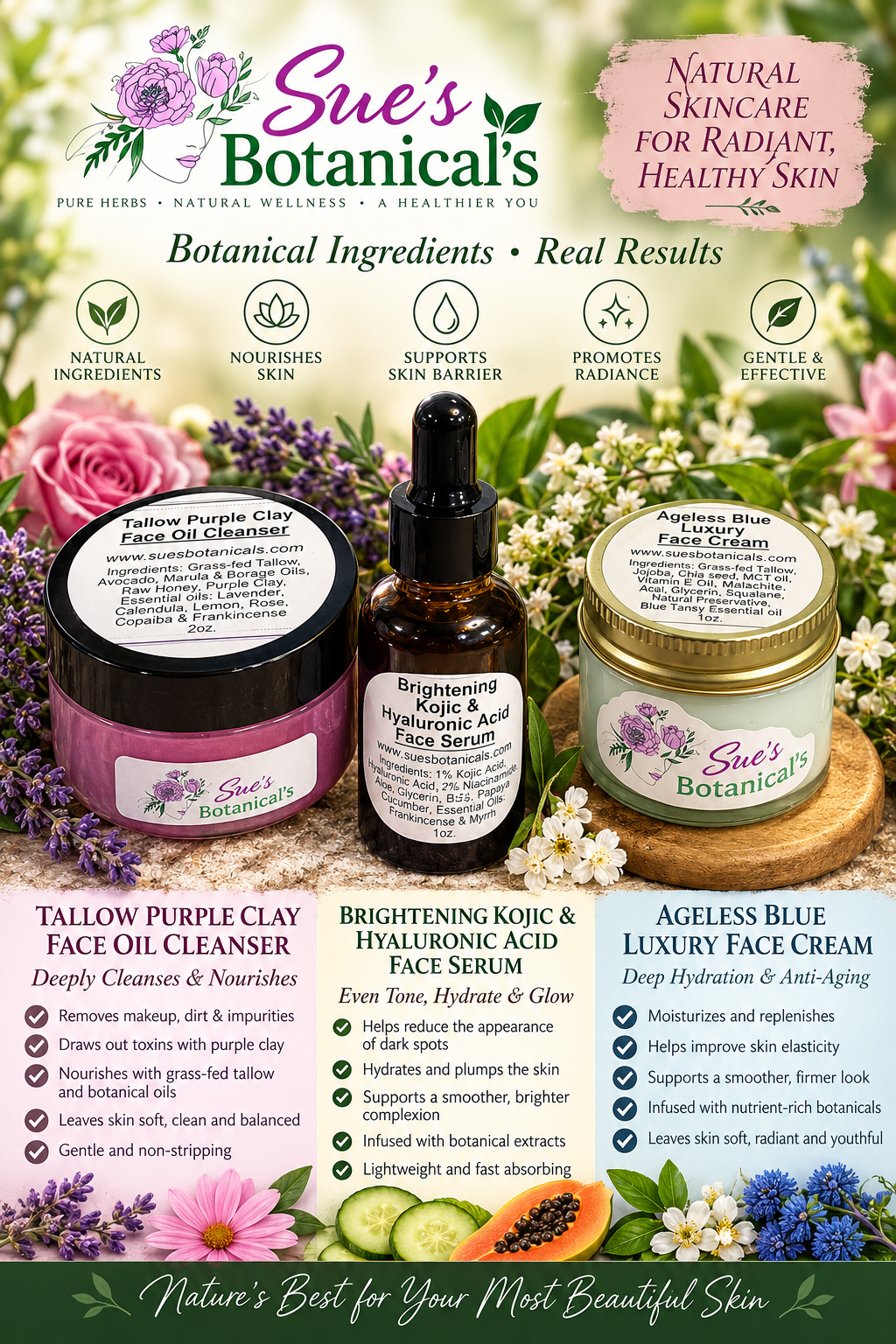 Top face bundle purple clay, brightening serum & ageless blue
All Natural skincare, skin hydration, helps acne, reduces wrinkles, reduces fine lines, organic skincare, Beef Tallow Skincare. All Natural skincare 