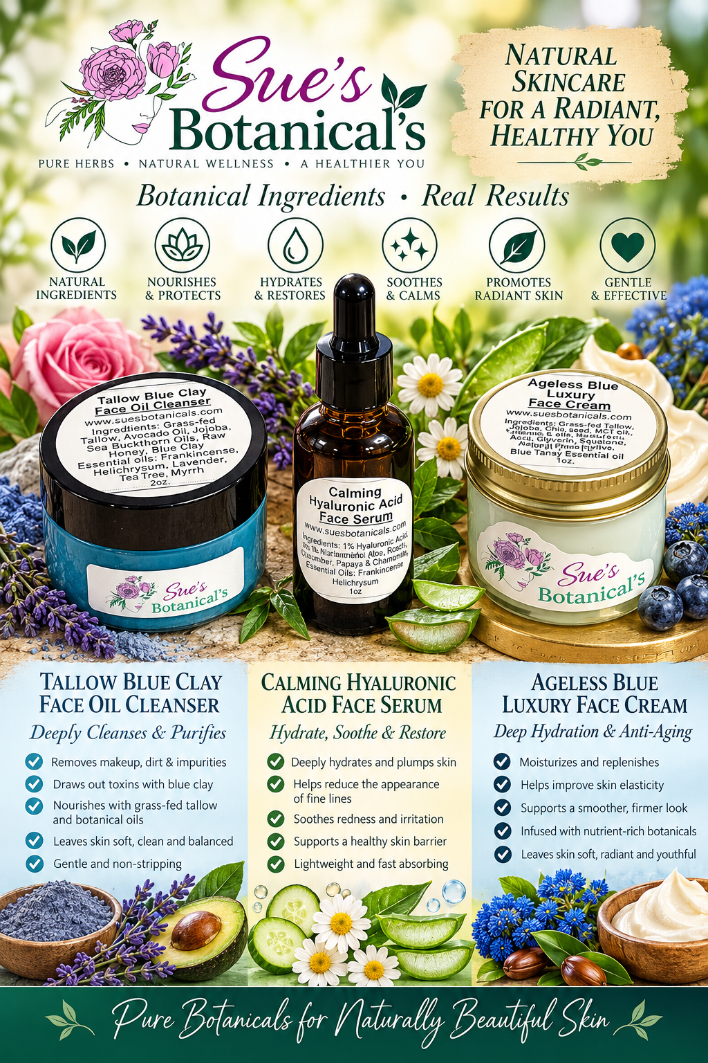 Top face bundle blue clay, calming serum & ageless blue face cream 
All Natural skincare, skin hydration, helps acne, reduces wrinkles, reduces fine lines, organic skincare, Beef Tallow Skincare. All Natural skincare 