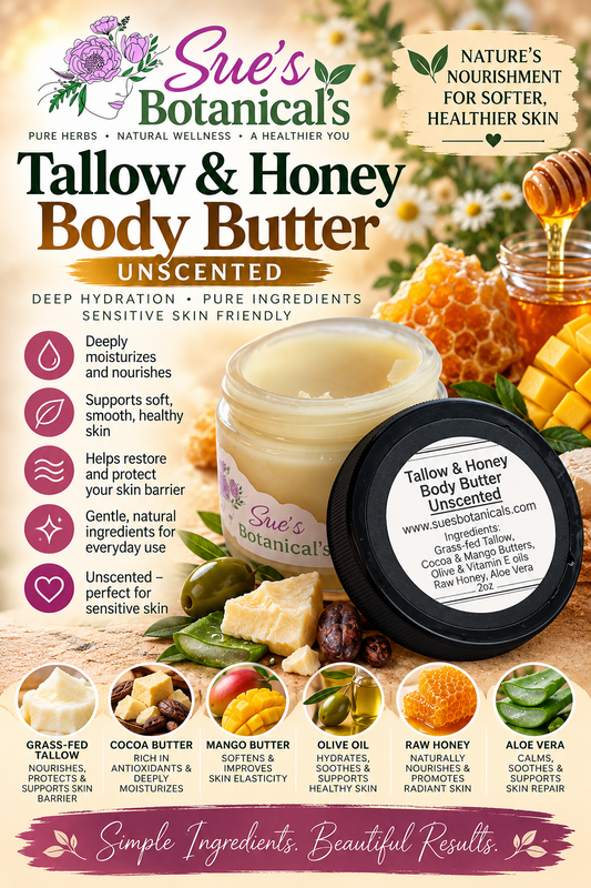 Tallow & Honey unscented Body butter

All Natural skincare, extra hydration, organic skincare , moisturizer, Natural skincare, skin hydration, helps rosacea, helps acne, reduces wrinkles, reduces fine lines, organic skincare, Beef Tallow Skincare