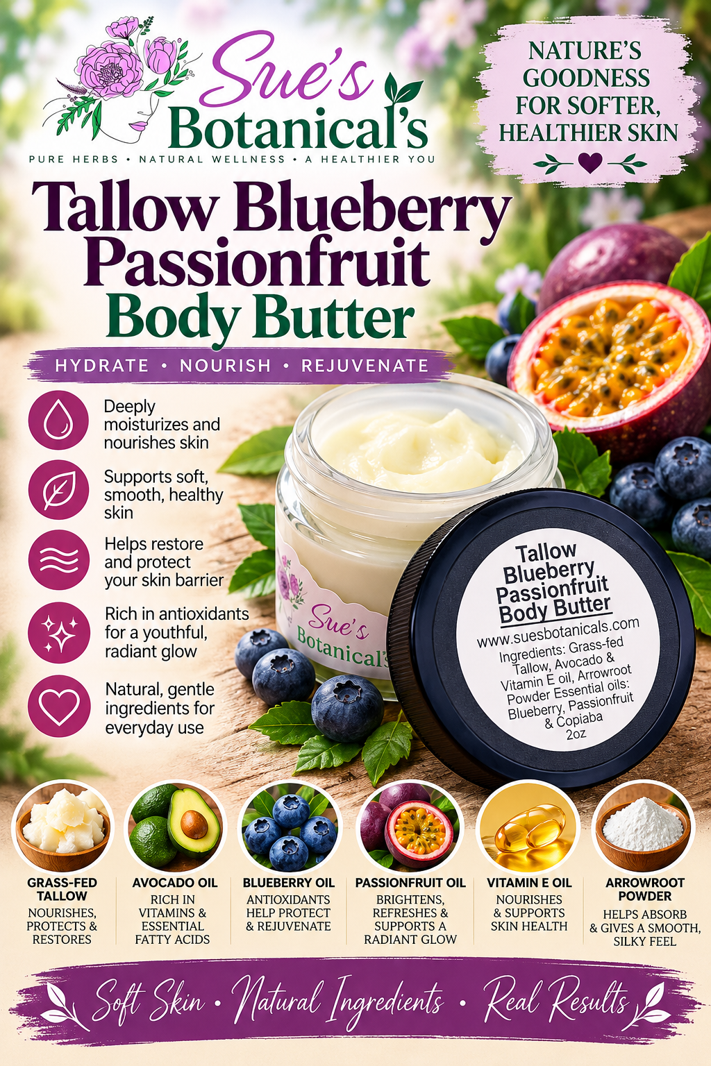 Tallow Blueberry Passionfruit Body Butter

All Natural skincare, extra hydration, organic skincare , moisturizer, Natural skincare, skin hydration, helps rosacea, helps acne, reduces wrinkles, reduces fine lines, organic skincare, Beef Tallow Skincare