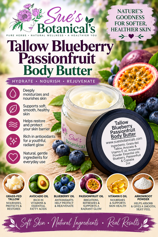 Tallow Blueberry Passionfruit Body Butter

All Natural skincare, extra hydration, organic skincare , moisturizer, Natural skincare, skin hydration, helps rosacea, helps acne, reduces wrinkles, reduces fine lines, organic skincare, Beef Tallow Skincare