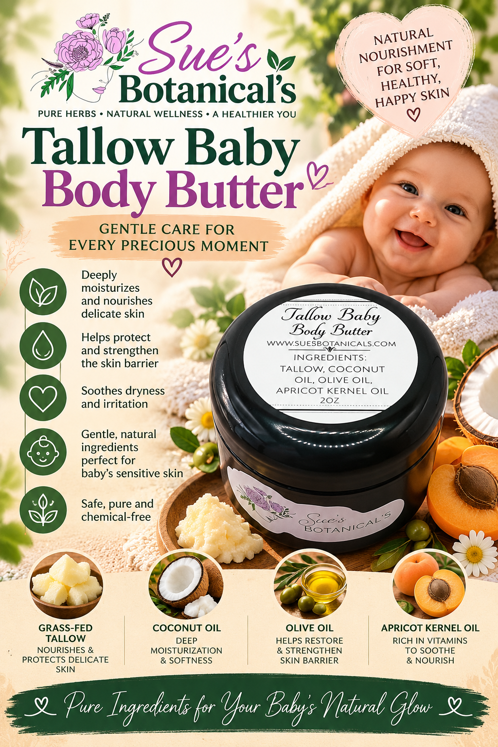 Tallow Baby Body Butter

All Natural skincare, extra hydration, organic skincare , moisturizer, Natural skincare, skin hydration, helps rosacea, helps acne, reduces wrinkles, reduces fine lines, organic skincare, Beef Tallow Skincare