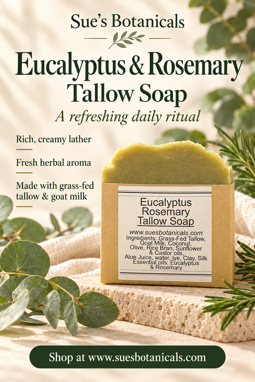 Eucalyptus Rosemary Tallow Soap

All Natural skincare, extra hydration, organic skincare , moisturizer, Natural skincare, skin hydration, helps rosacea, helps acne, reduces wrinkles, reduces fine lines, organic skincare, Organic Beef Tallow Skincare