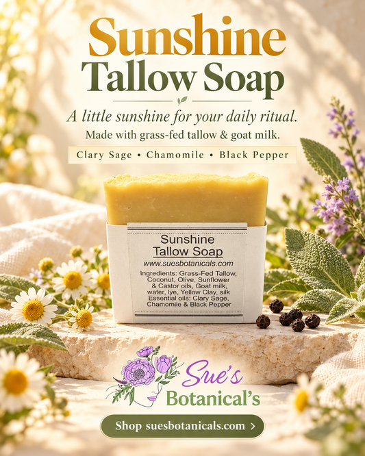 Sunshine Tallow Soap 

All Natural skincare, extra hydration, organic skincare , moisturizer, Natural skincare, skin hydration, helps rosacea, helps acne, reduces wrinkles, reduces fine lines, organic skincare, Organic Beef Tallow Skincare