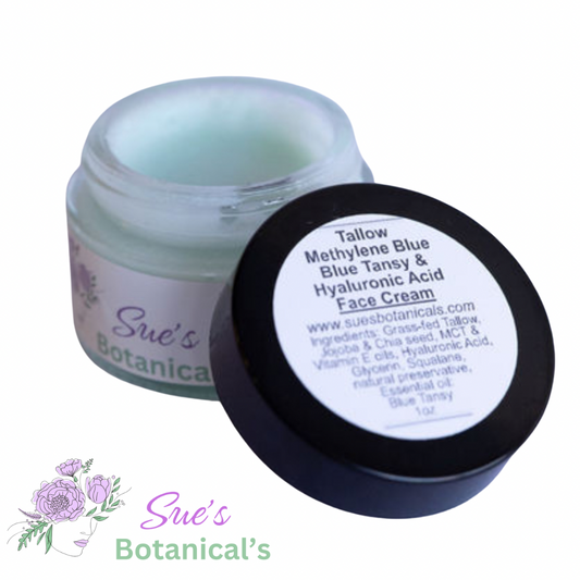 Tallow Methylene Blue, Blue Tansy & Hyaluronic Acid Face Cream

All Natural skincare, extra hydration, organic skincare , moisturizer, skin hydration, helps acne, reduces wrinkles, reduces fine lines, organic skincare, Beef Tallow Skincare
