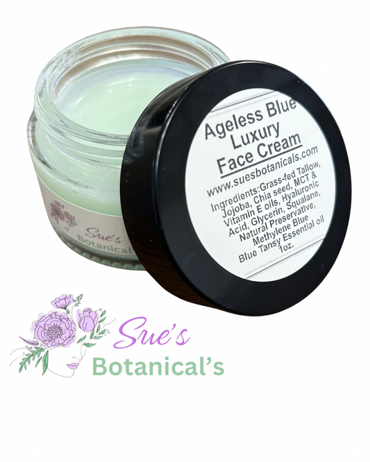 Ageless Blue Luxury Face Cream

All Natural skincare, extra hydration, organic skincare , moisturizer, skin hydration, helps acne, reduces wrinkles, reduces fine lines, organic skincare, Beef Tallow Skincare