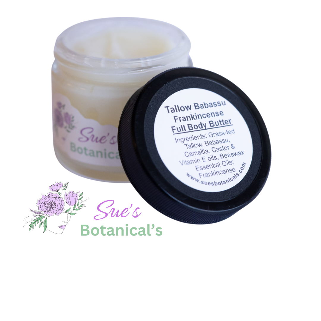 Tallow Babassu Frankincense Body 
Butter, 
All Natural skincare, extra hydration, organic skincare , moisturizer, skin hydration, helps rosacea, helps acne, reduces wrinkles, reduces fine lines, organic skincare, Beef Tallow Skincare