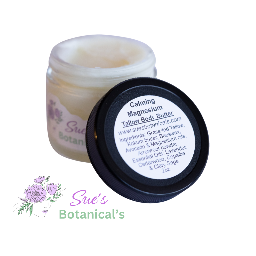 Calming Magnesium Tallow Body Butter
Helps with restlessness, anxiety, sore muscles, migraines 

All Natural skincare, skin hydration, helps acne, reduces wrinkles, reduces fine lines, organic skincare, Beef Tallow Skincare. All Natural skincare 