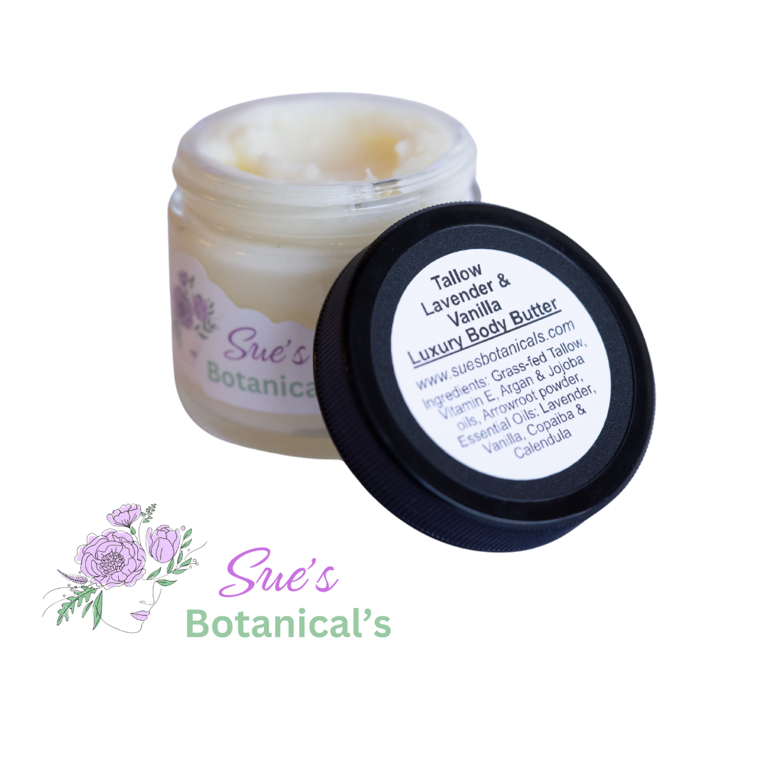 Tallow Lavender and Vanilla Luxury Body Butter 

All Natural skincare, extra hydration, organic skincare , moisturizer, Natural skincare, skin hydration, helps rosacea, helps acne, reduces wrinkles, reduces fine lines, organic skincare, Beef Tallow Skincare